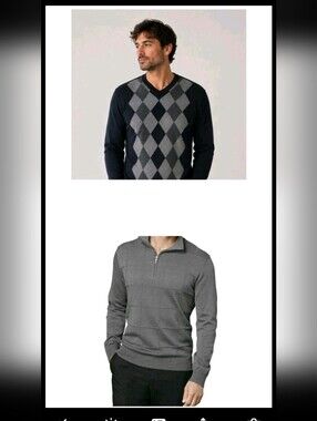 Van Husen Mens Lot Of Two Sweaters Size XL Argyle Blue Windowpane 1/4 Zip Gray
